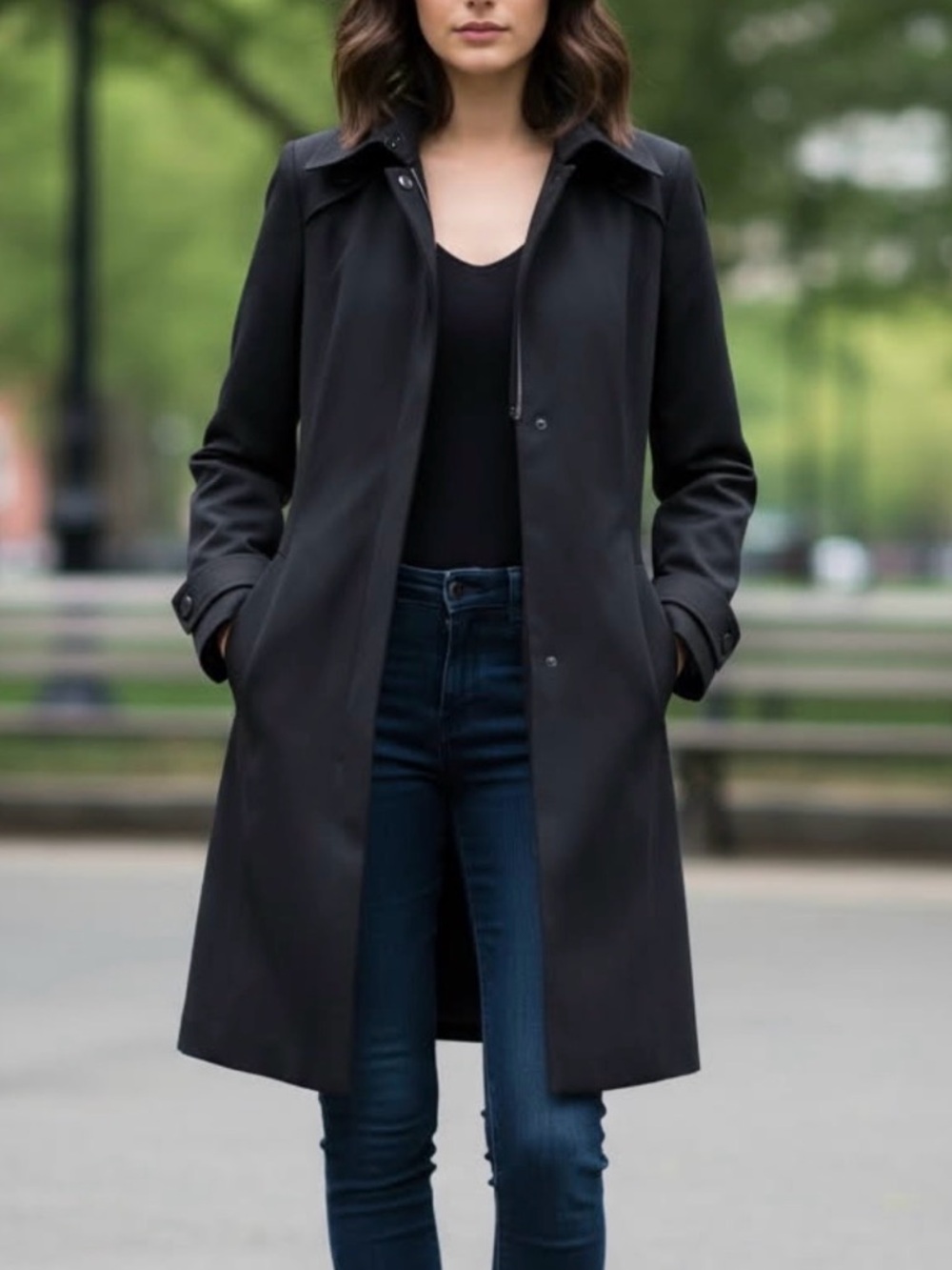 Cole Haan Business Casual Black Hooded lined Trench Coat size 4